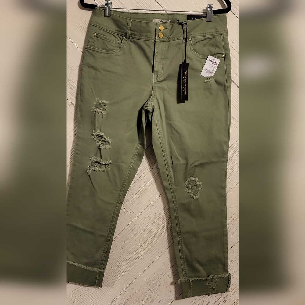 Crop Boyfriend Distressed Jeans - Olive